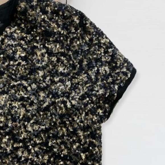 ZADIG & VOLTAIRE SILK BLEND TRUSTY SEQUIN GOLD SILVER EYELASH TRIM BOXY FIT TOP - Picture 11 of 16